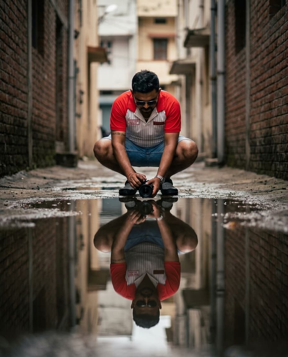 Urban Alley Puddle Reflection Portrait