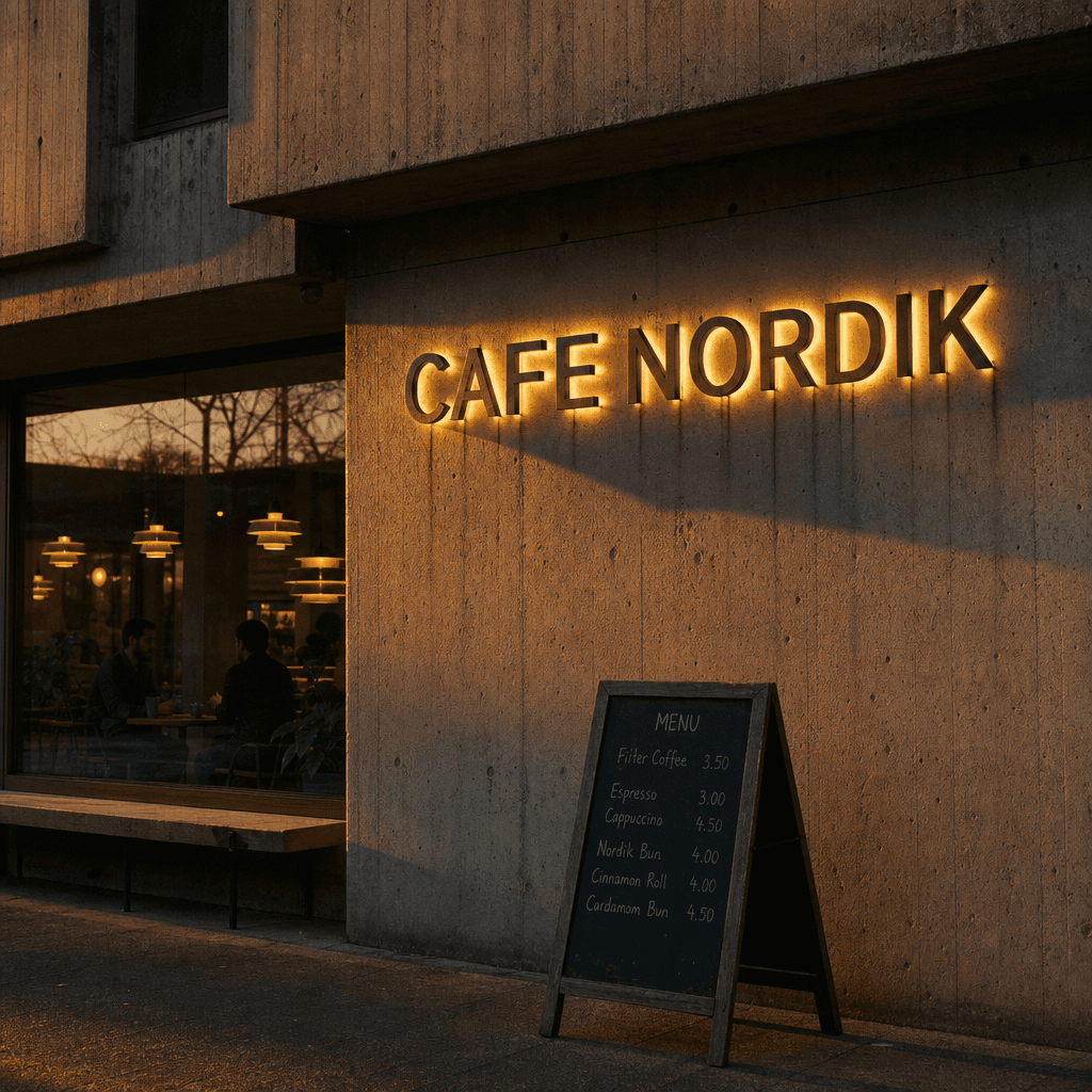 Brutalist Cafe Sign at Golden Hour