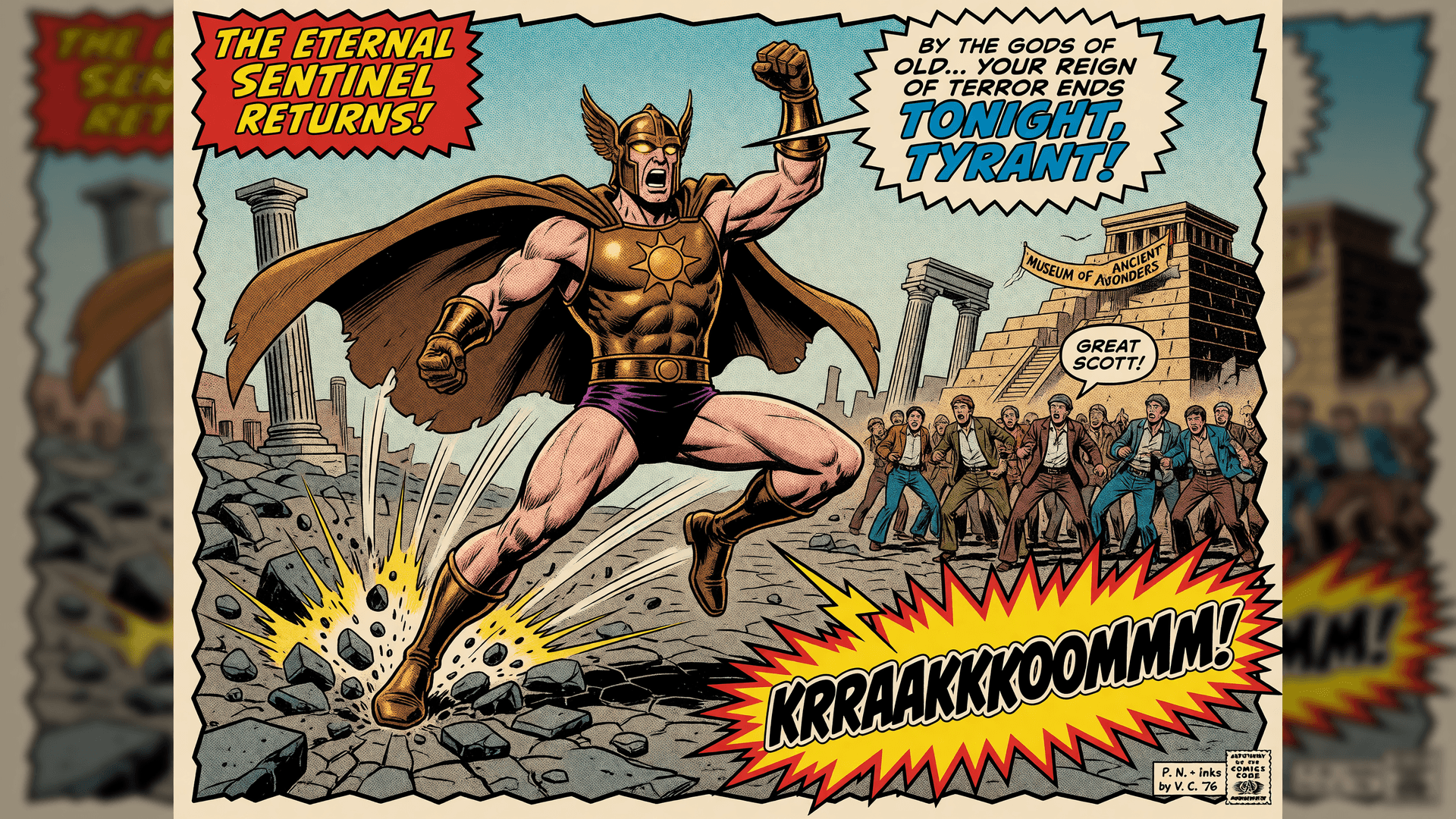 Bronze Age Comic Panel — Superhero Landing