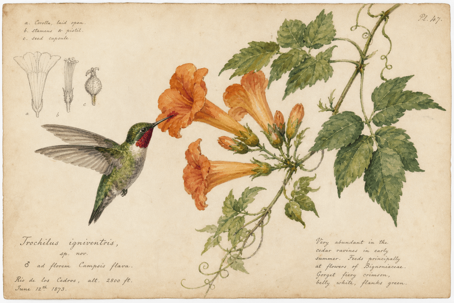 Watercolor Botanical — Hummingbird and Trumpet Vine