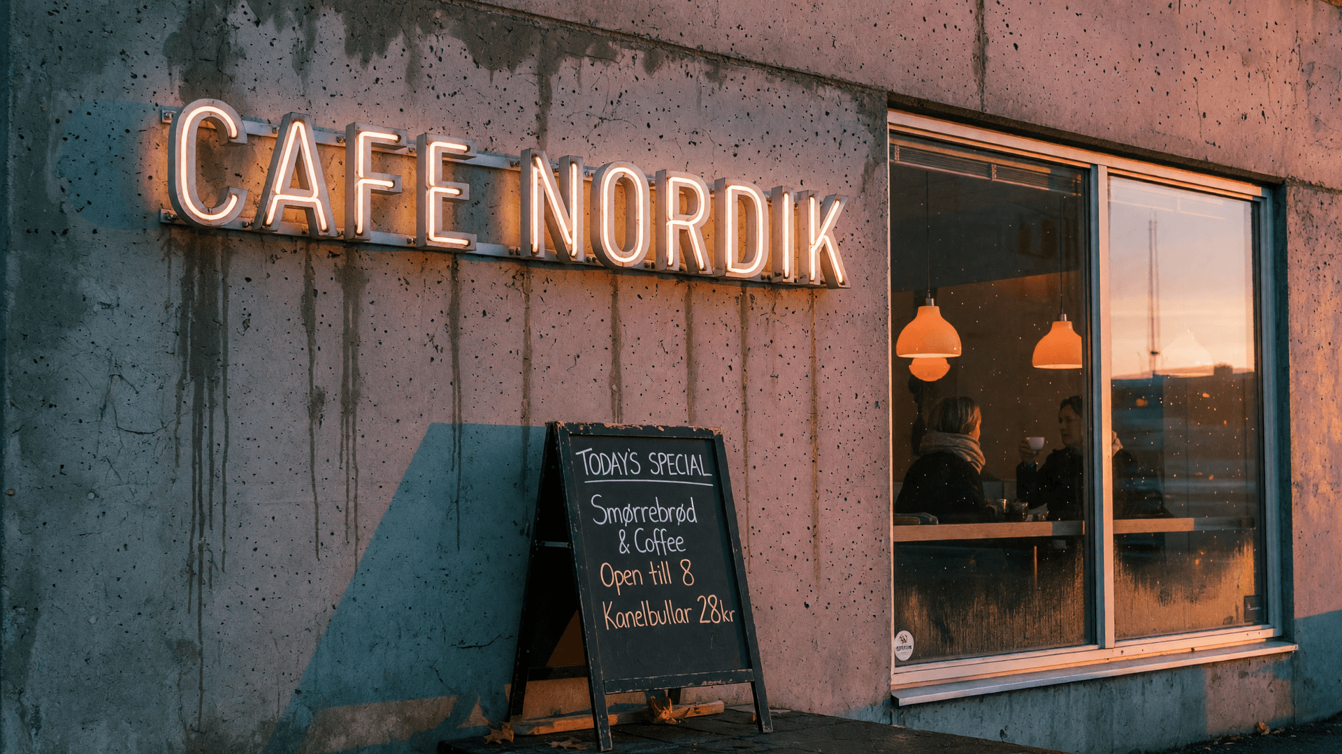Brutalist Cafe Sign at Golden Hour