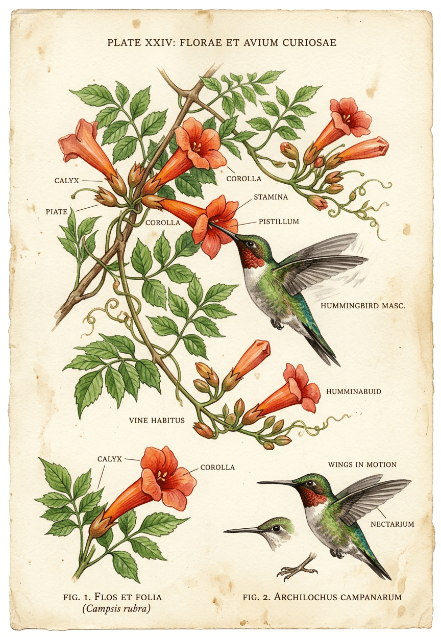 Watercolor Botanical — Hummingbird and Trumpet Vine