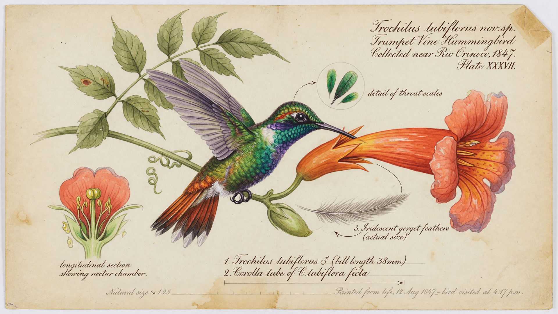 Watercolor Botanical — Hummingbird and Trumpet Vine