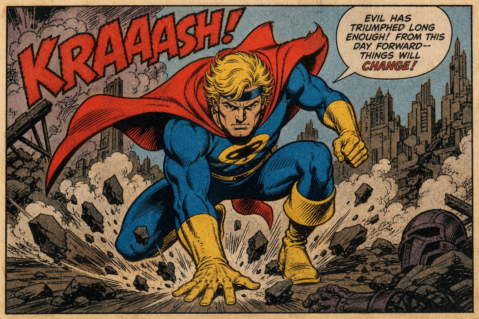 Bronze Age Comic Panel — Superhero Landing