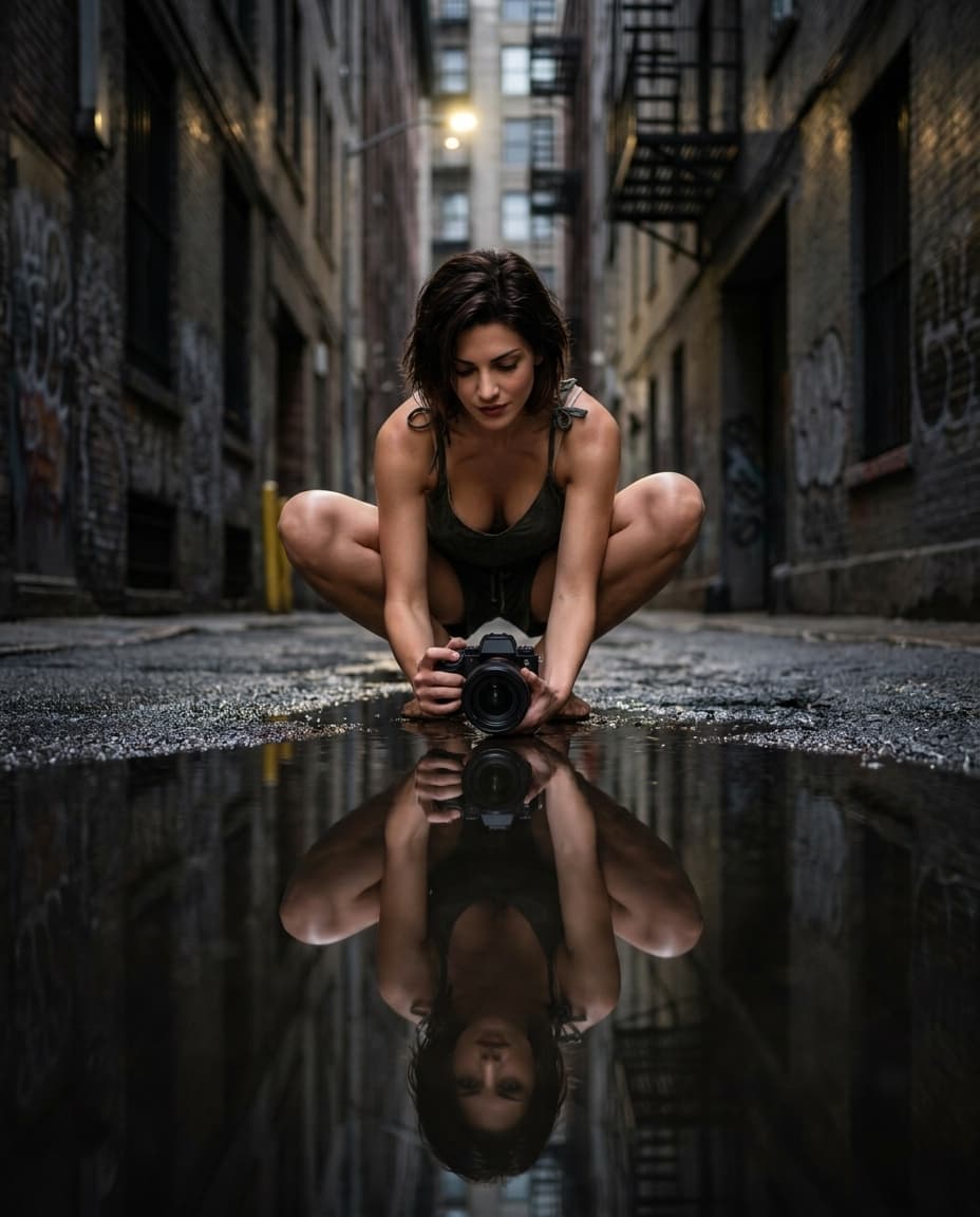 Urban Alley Puddle Reflection Portrait
