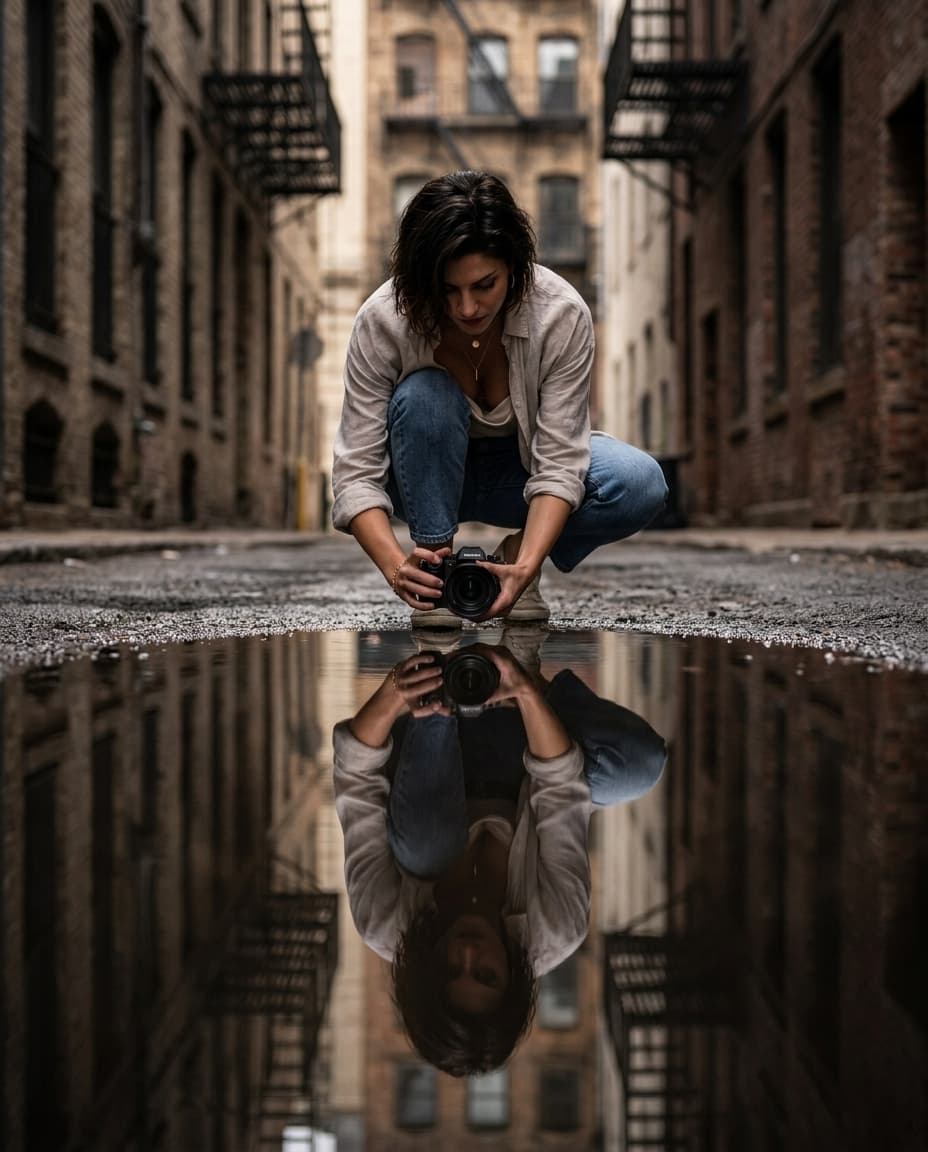 Urban Alley Puddle Reflection Portrait