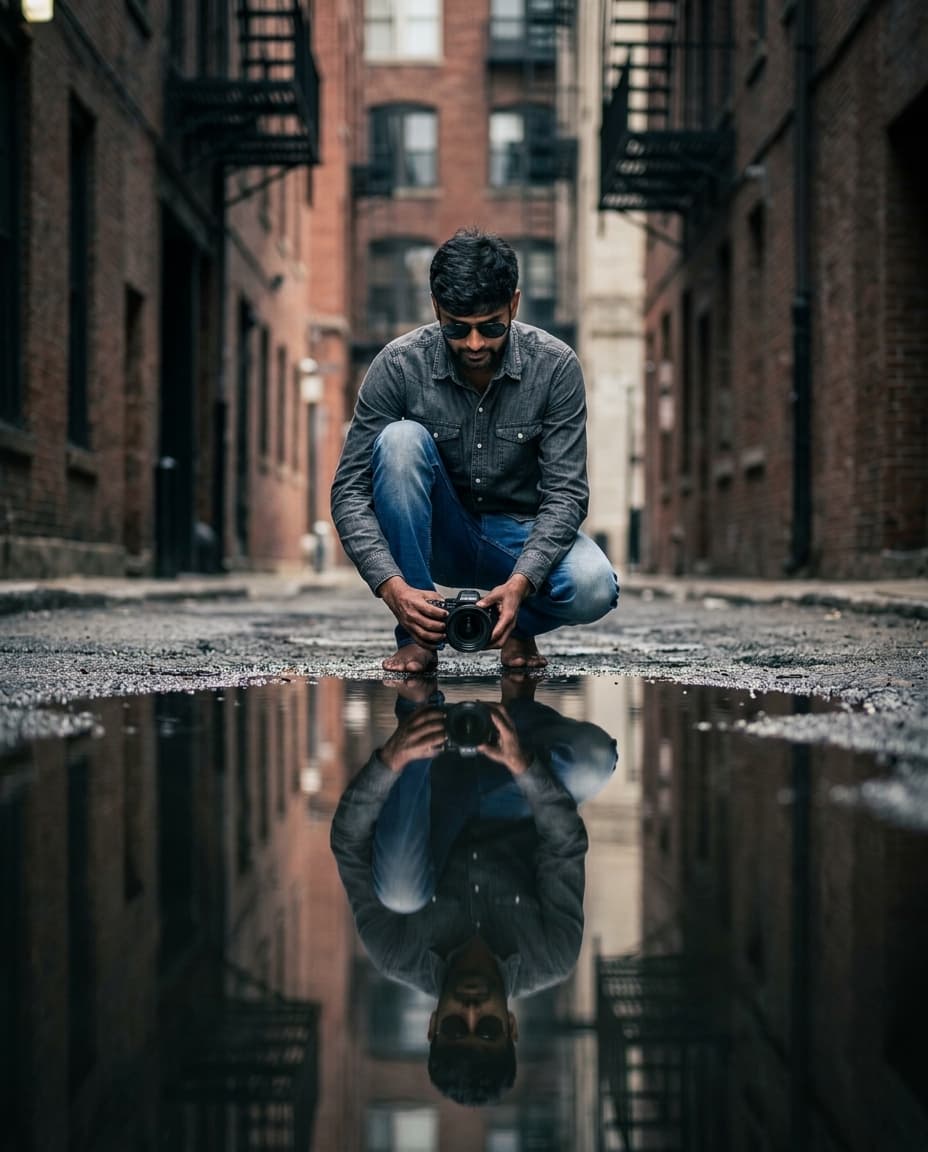 Urban Alley Puddle Reflection Portrait