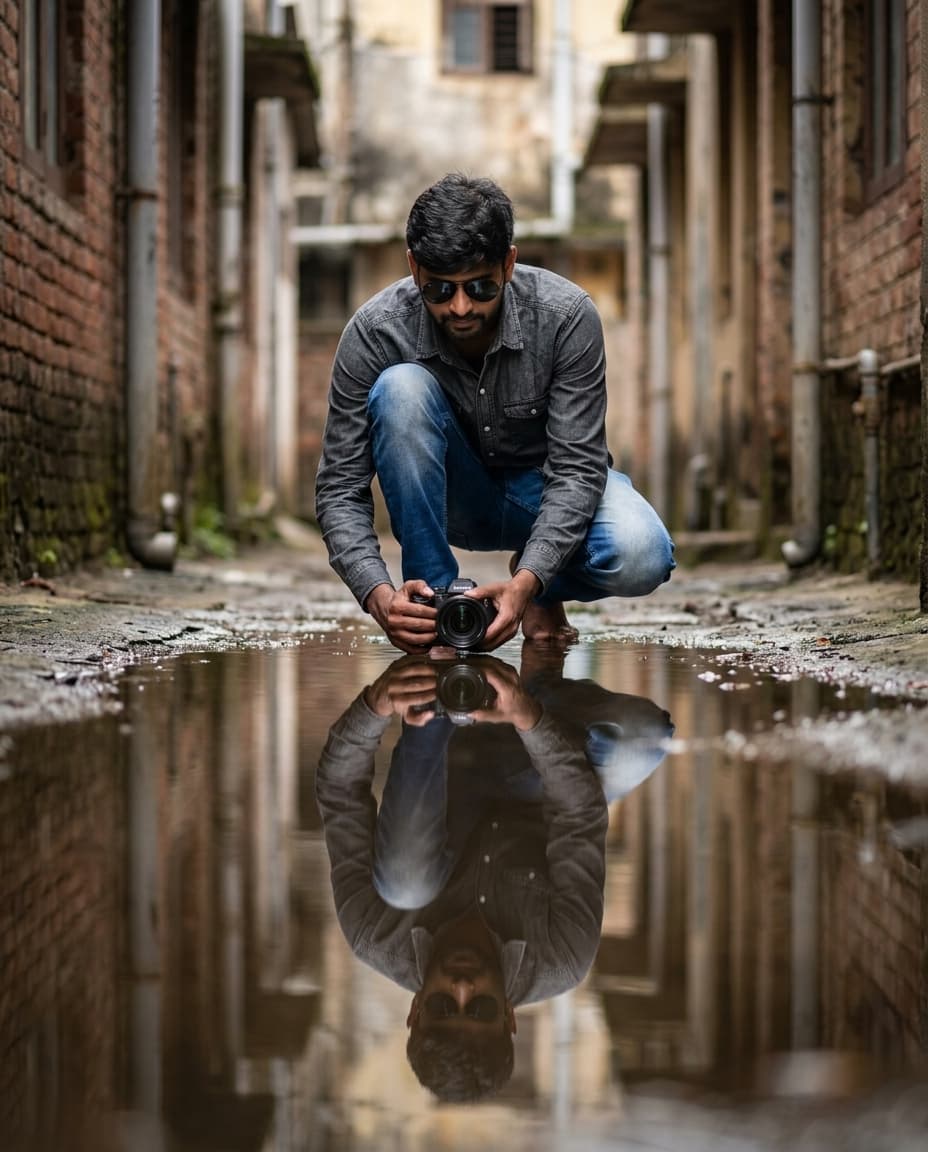 Urban Alley Puddle Reflection Portrait