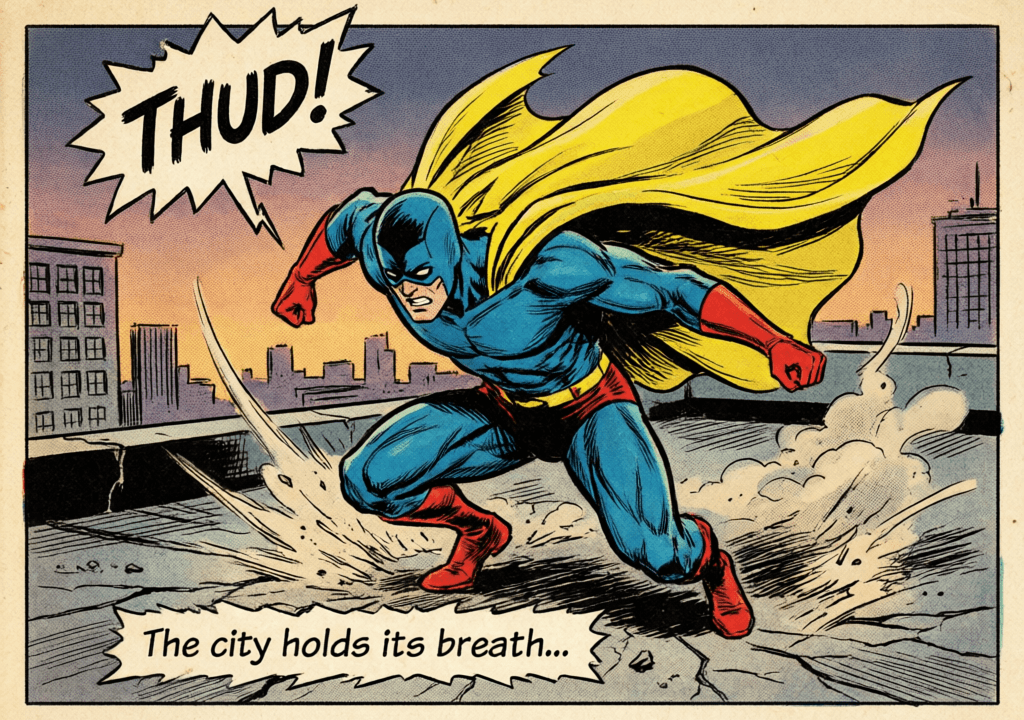 Bronze Age Comic Panel — Superhero Landing