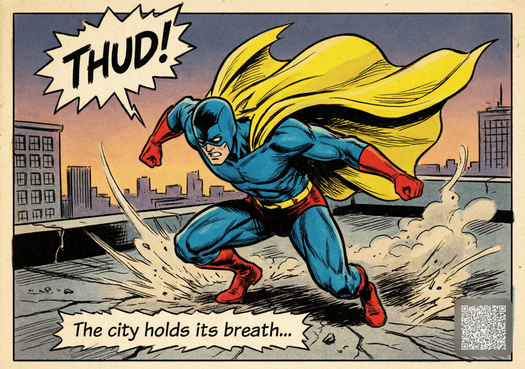 Bronze Age Comic Panel — Superhero Landing