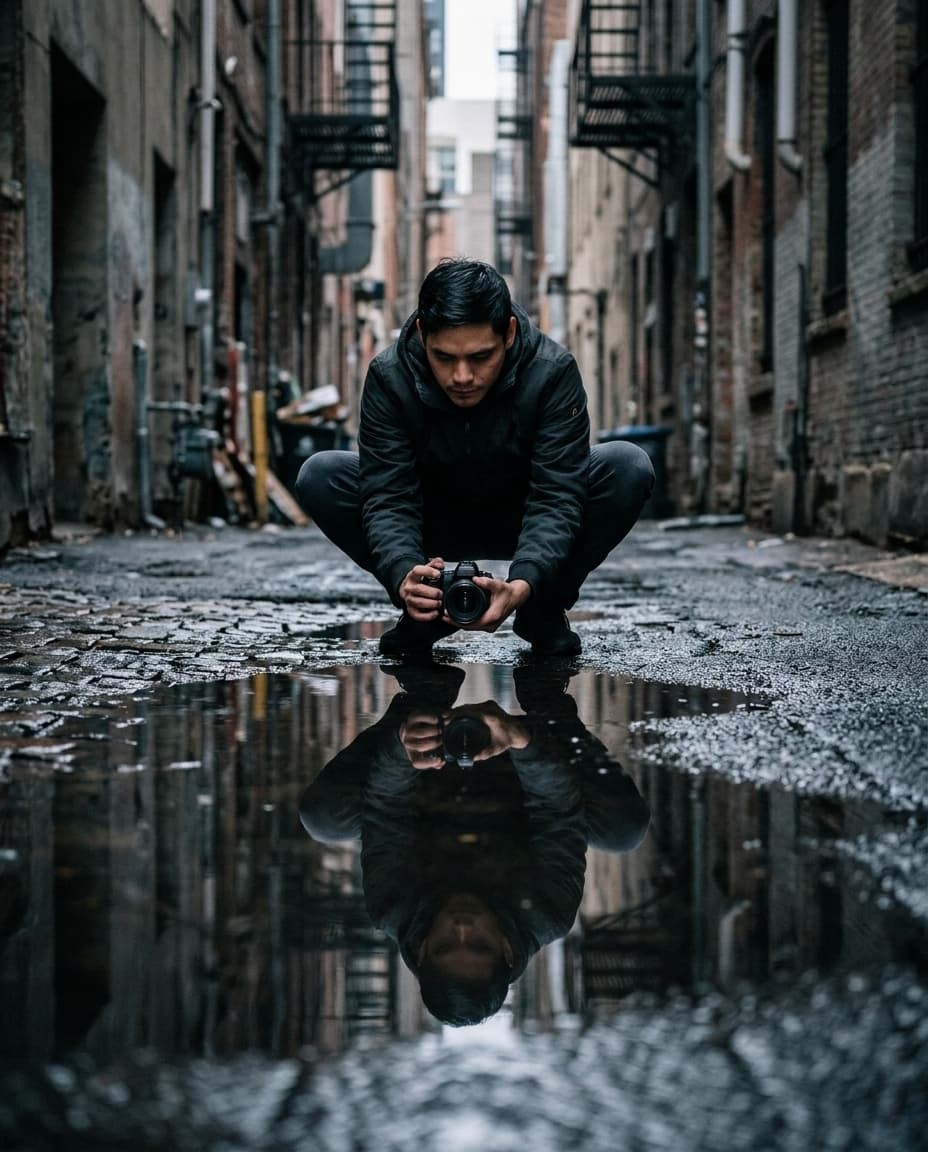 Urban Alley Puddle Reflection Portrait