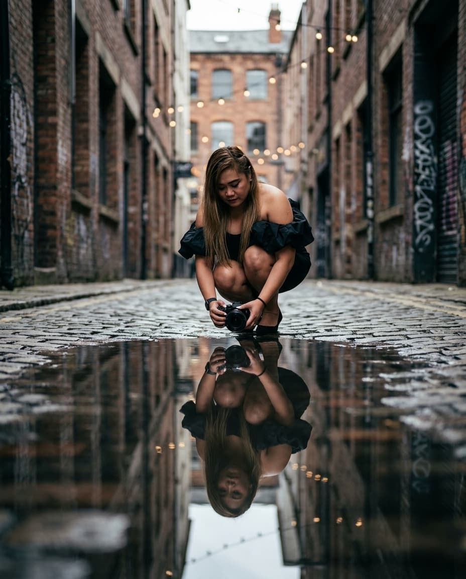 Urban Alley Puddle Reflection Portrait