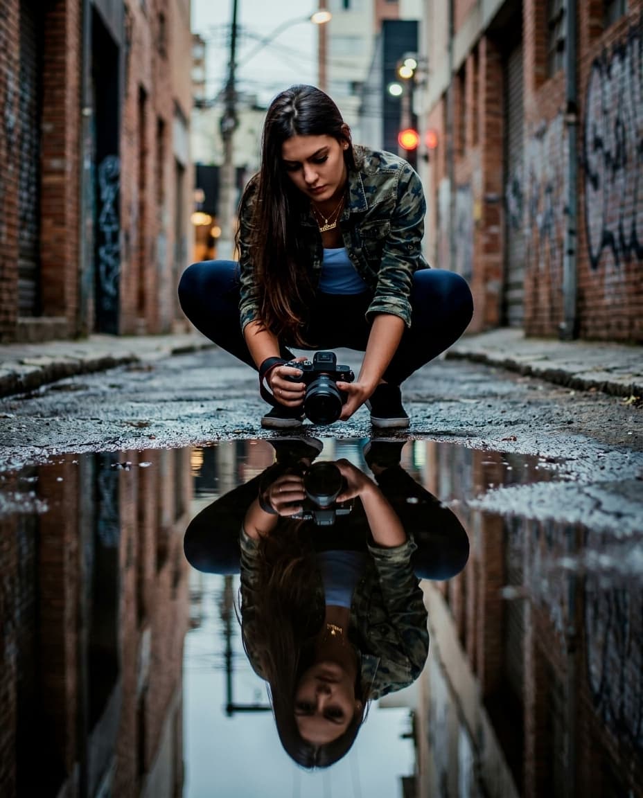 Urban Alley Puddle Reflection Portrait
