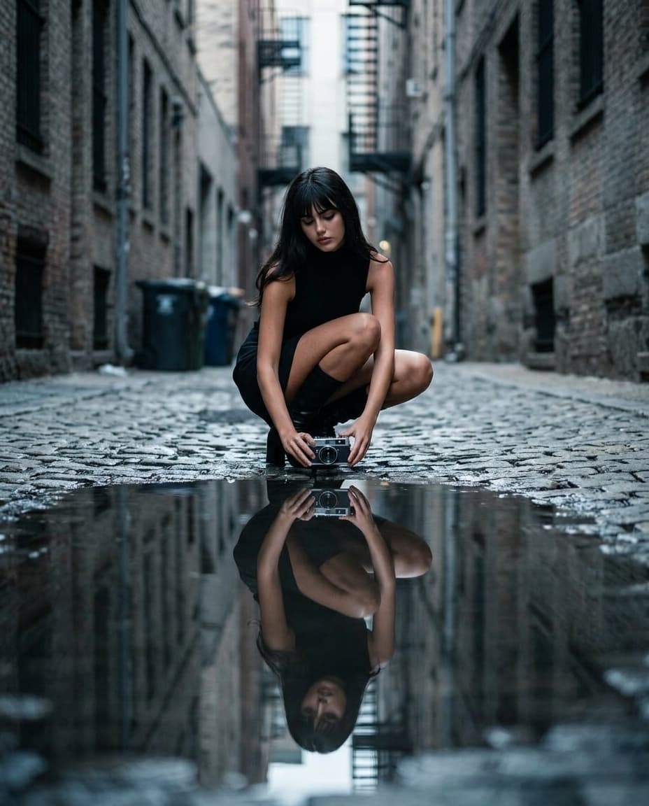 Urban Alley Puddle Reflection Portrait