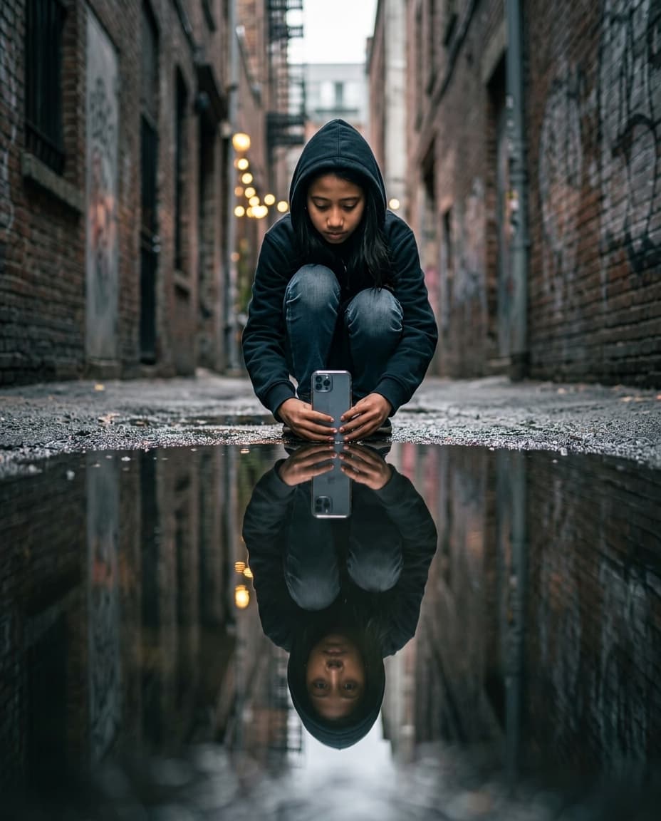 Urban Alley Puddle Reflection Portrait