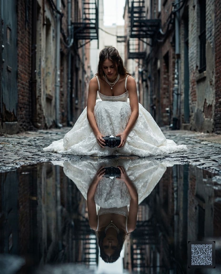 Urban Alley Puddle Reflection Portrait