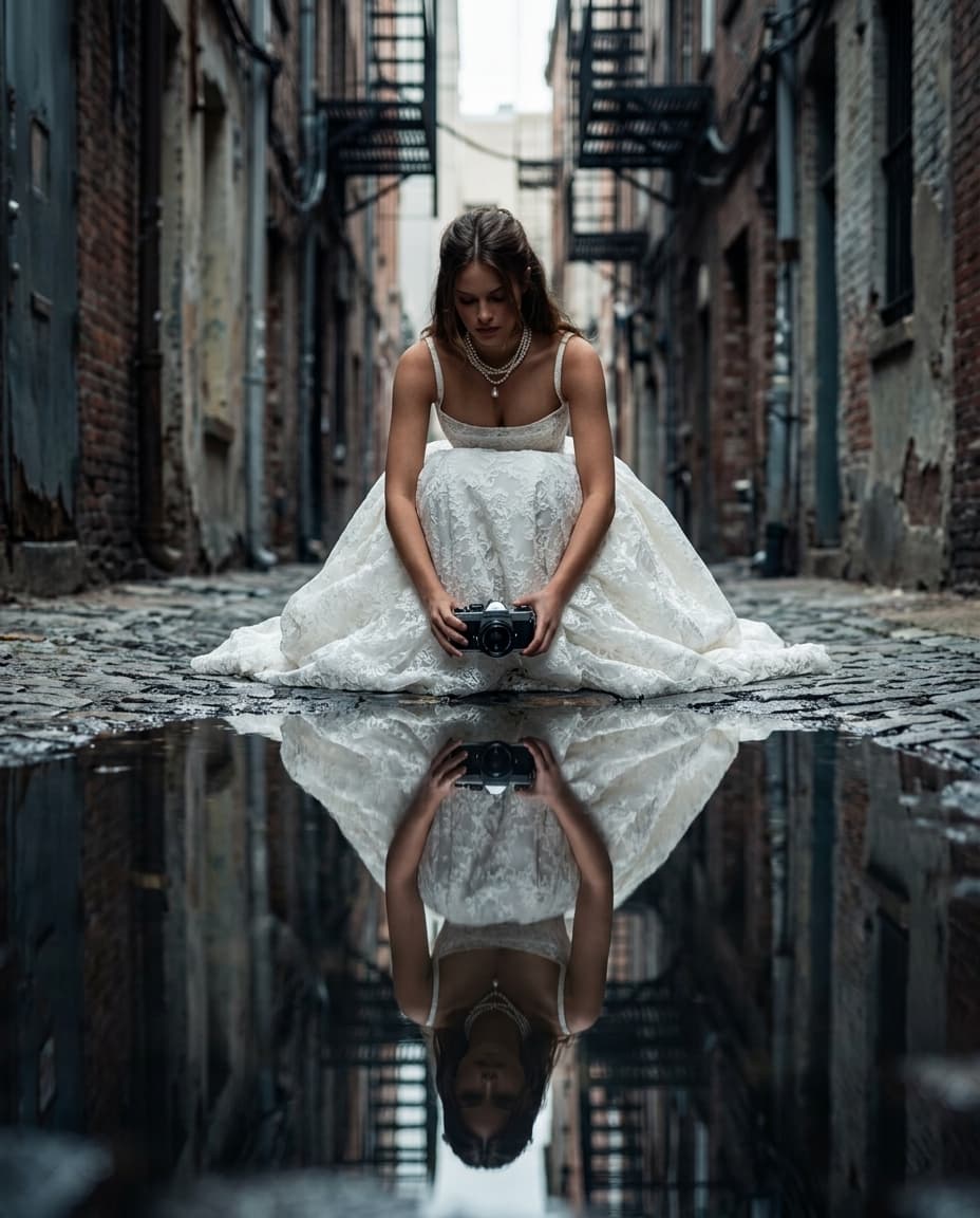 Urban Alley Puddle Reflection Portrait