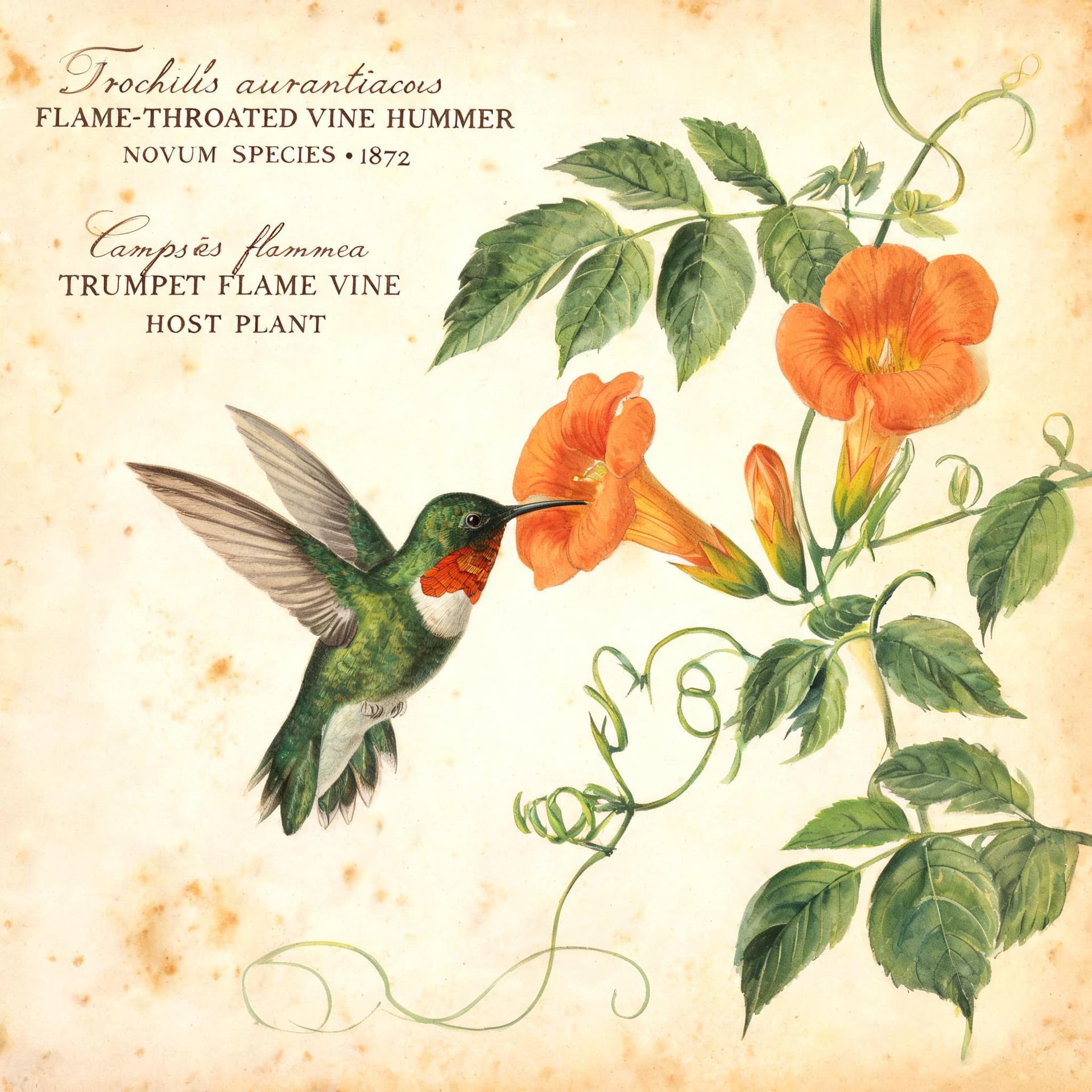 Watercolor Botanical — Hummingbird and Trumpet Vine