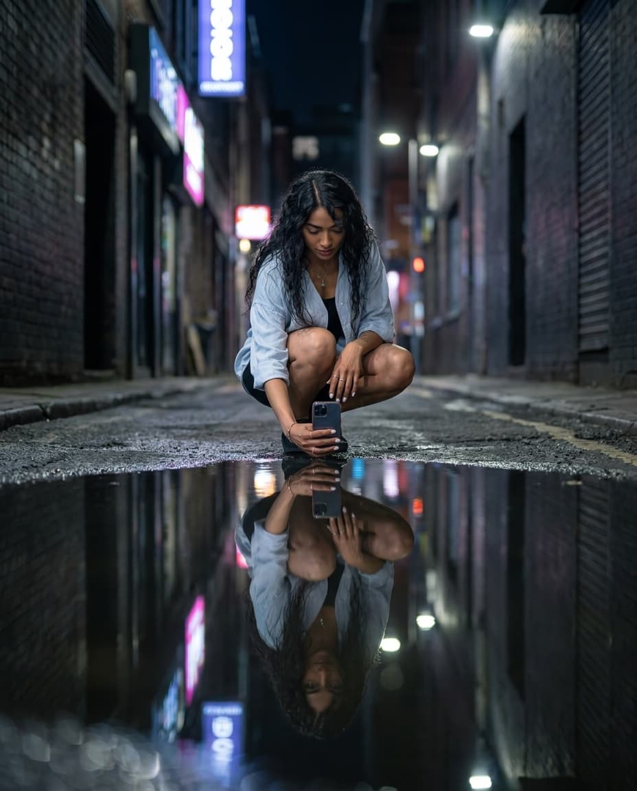 Urban Alley Puddle Reflection Portrait