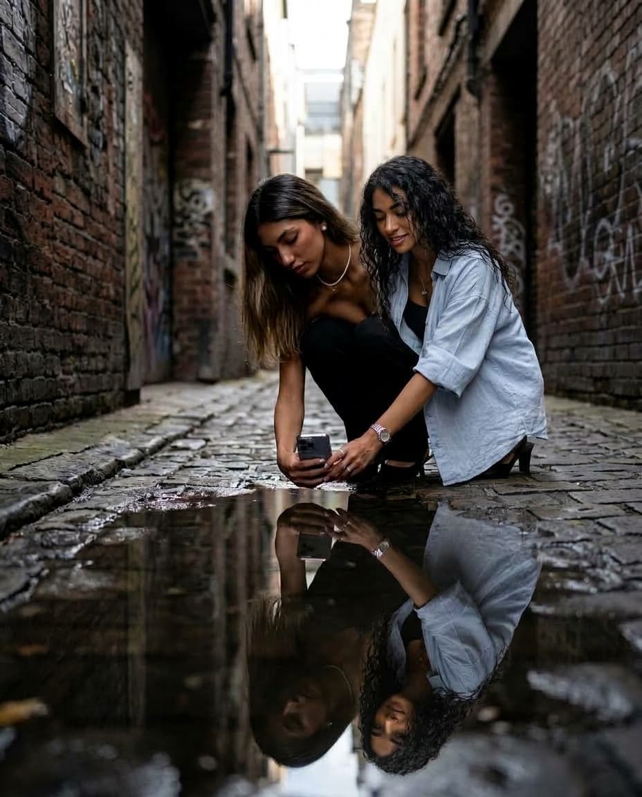 Urban Alley Puddle Reflection Portrait — Add Someone