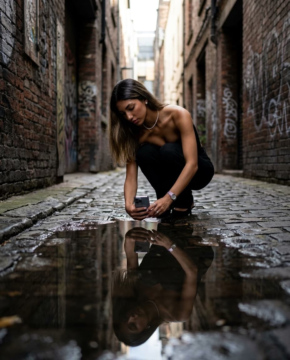 Urban Alley Puddle Reflection Portrait