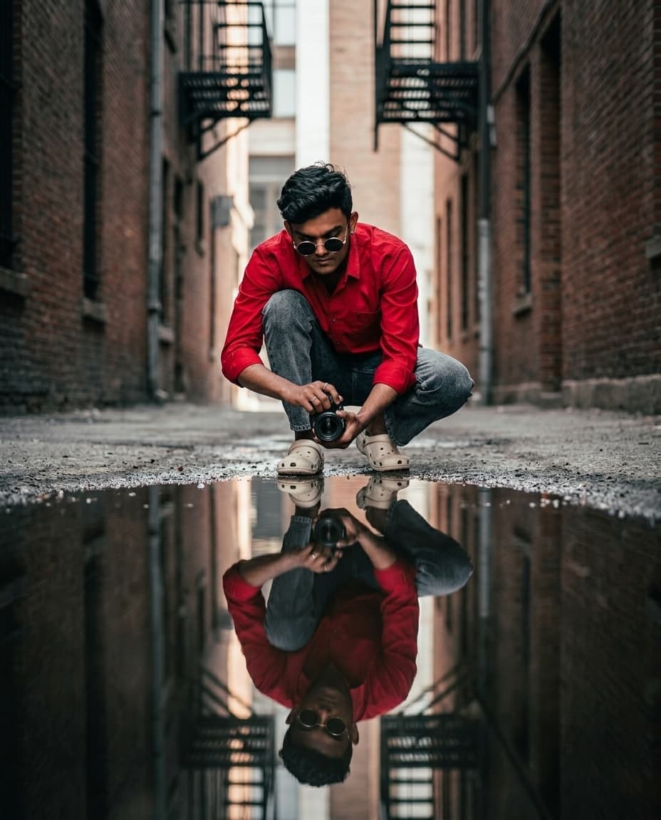 Urban Alley Puddle Reflection Portrait