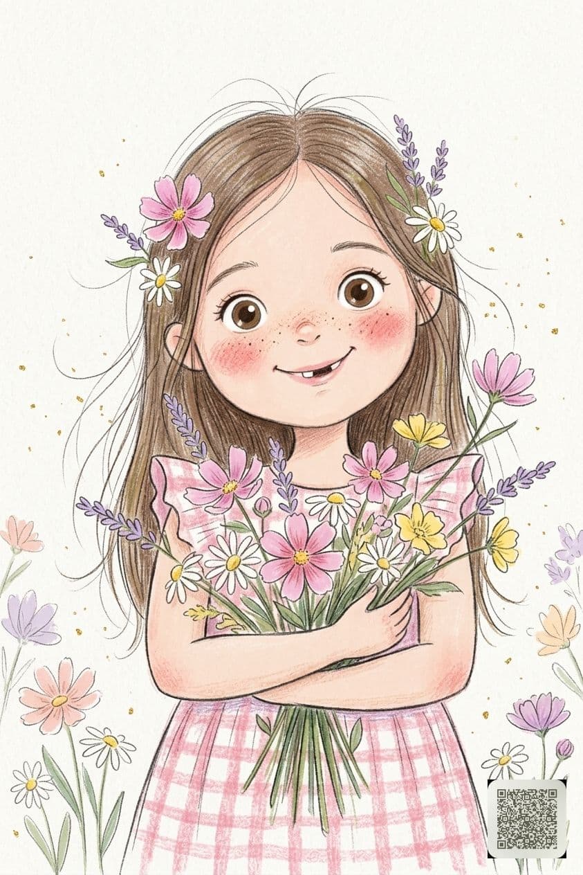 Whimsical Crayon Storybook Flower Portrait