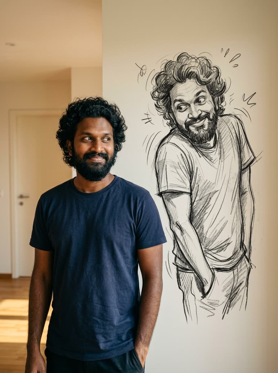 Hand-Drawn Charcoal Alter-Ego on the Wall