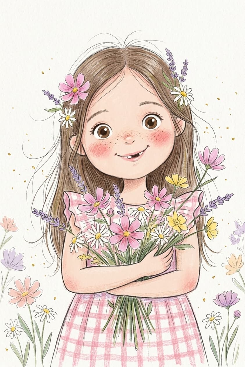 Whimsical Crayon Storybook Flower Portrait