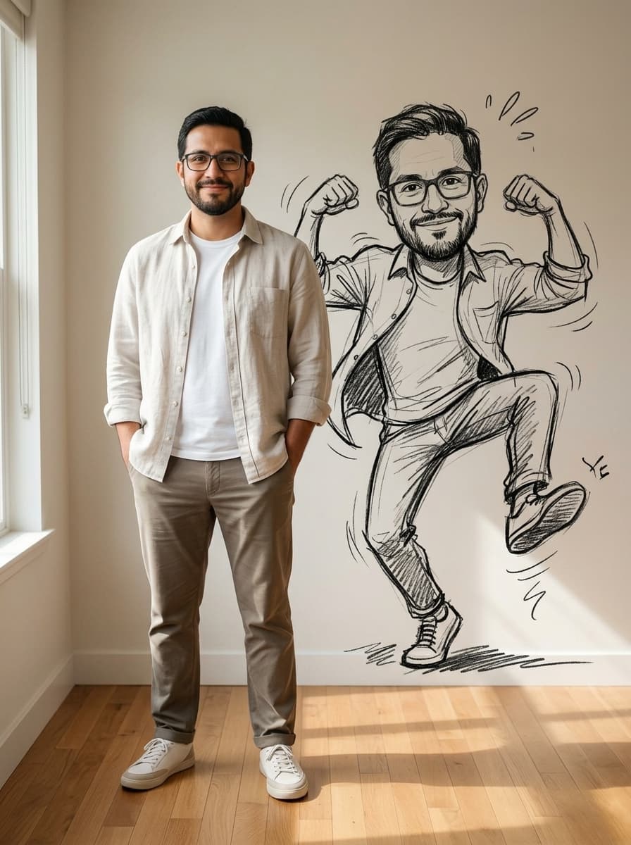 Hand-Drawn Charcoal Alter-Ego on the Wall