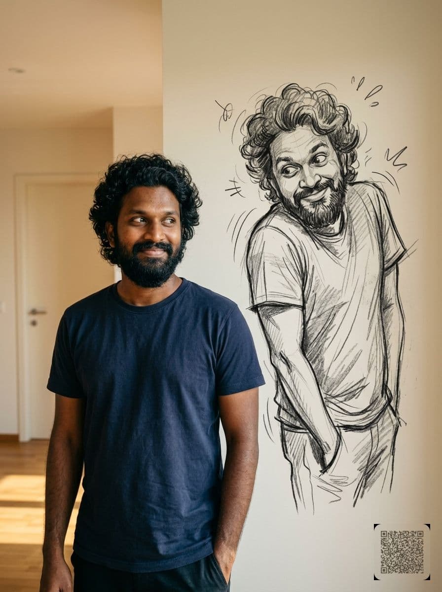 Hand-Drawn Charcoal Alter-Ego on the Wall