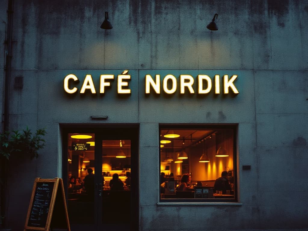 Brutalist Cafe Sign at Golden Hour