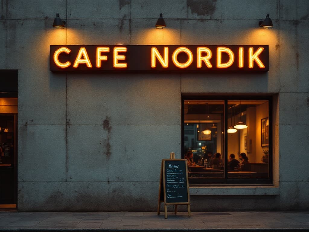 Brutalist Cafe Sign at Golden Hour