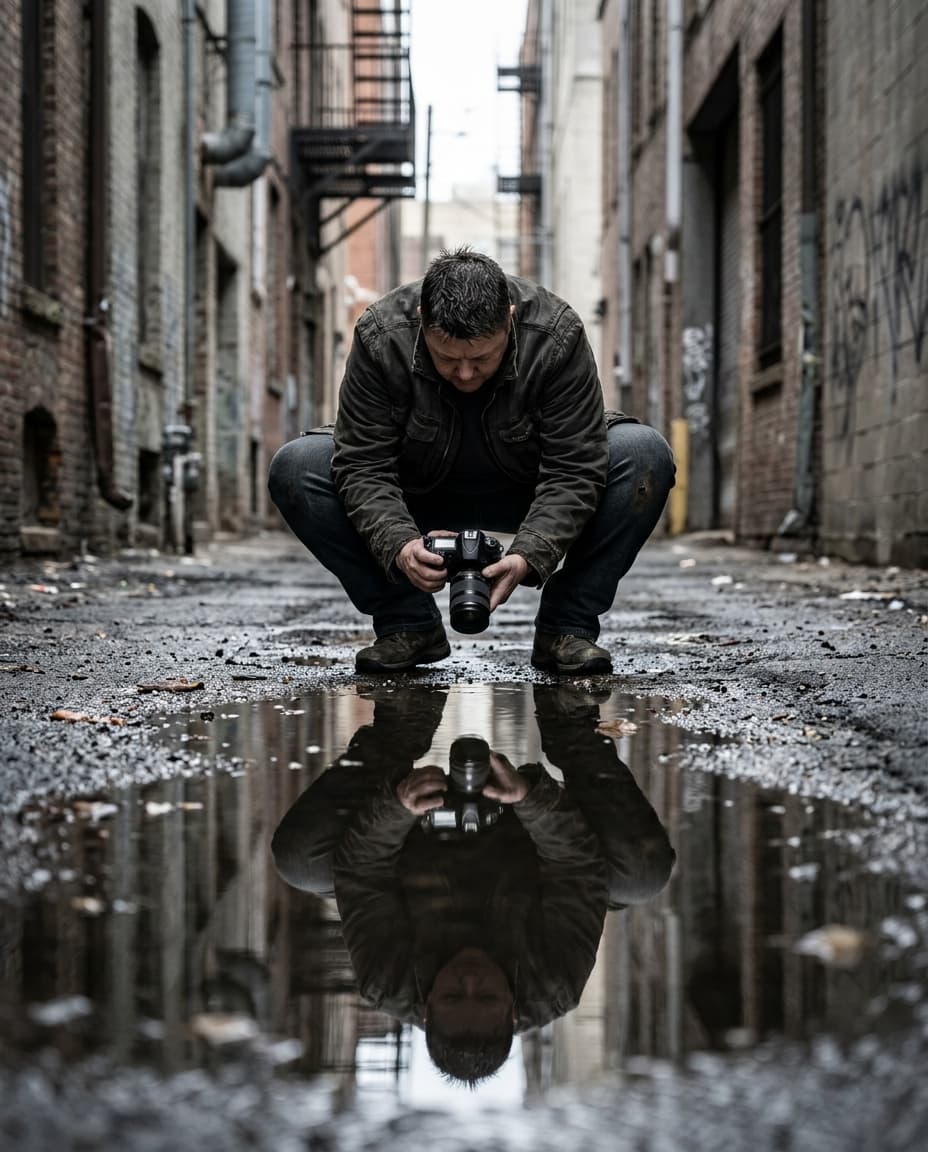 Urban Alley Puddle Reflection Portrait