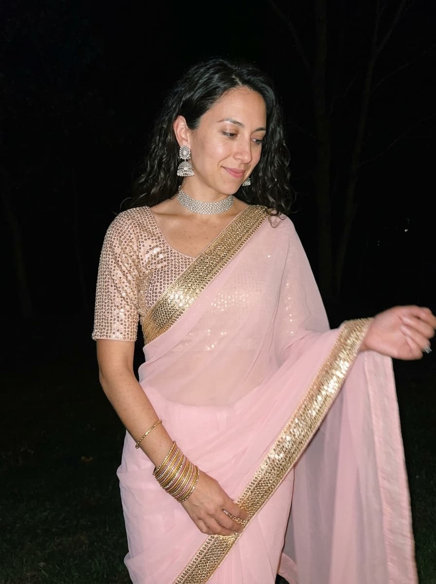 AI Pink Saree Night Flash Portrait Generator