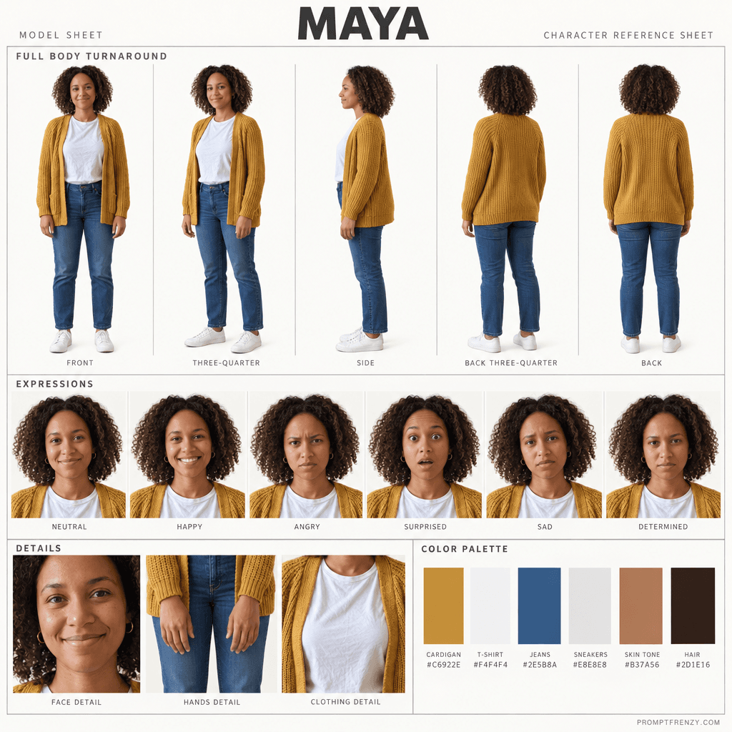 Maya's character reference made from that one photo: a full body turnaround, six expressions, detail close-ups and a colour palette