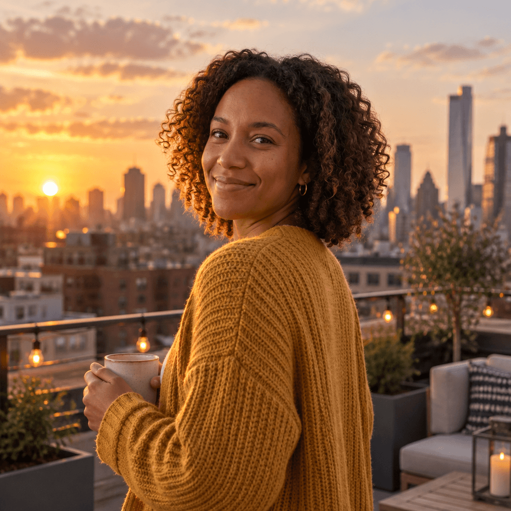 The same woman on a city rooftop at sunset, holding a mug, before she turns slowly on the spot