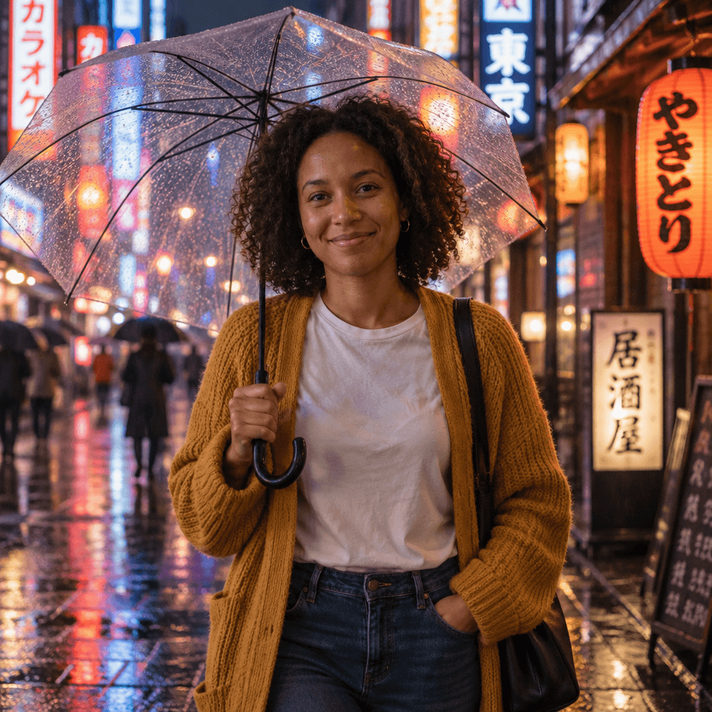 The same woman walking a rainy Tokyo street at night under a clear umbrella, neon signs reflected on the wet pavement