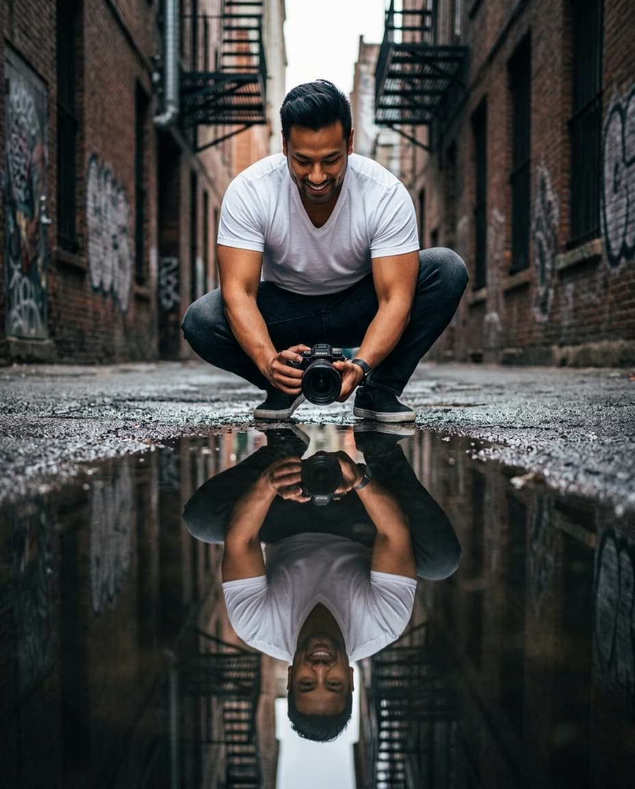 Urban Alley Puddle Reflection Portrait
