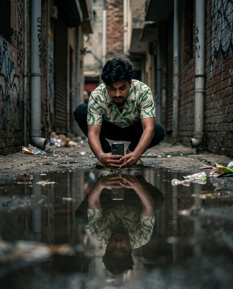 Urban Alley Puddle Reflection Portrait