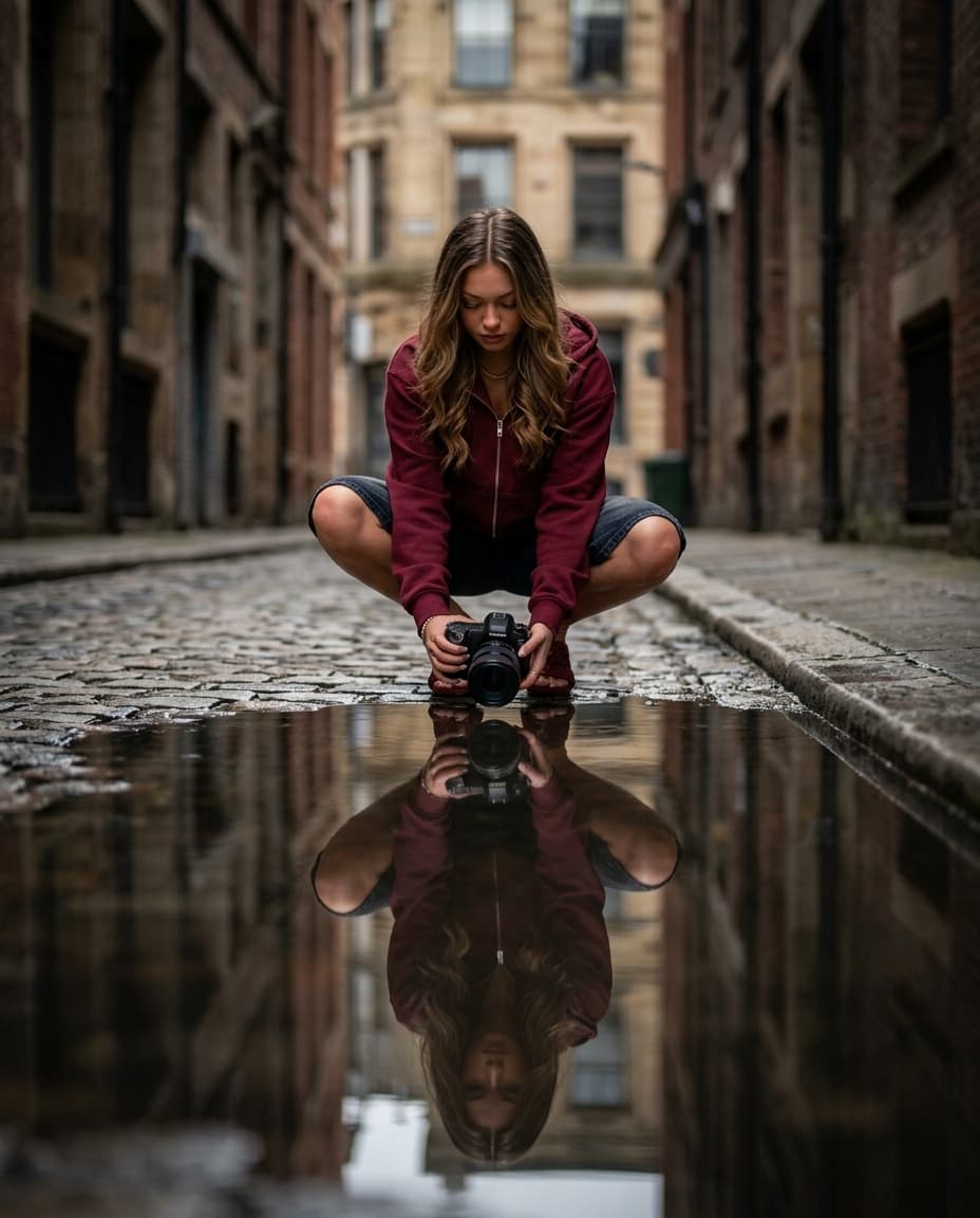 Urban Alley Puddle Reflection Portrait