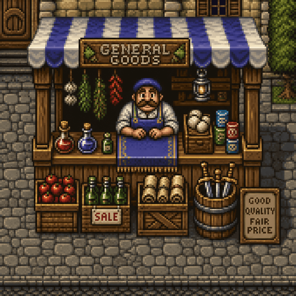 Pixel-Art RPG Shopkeeper, 32-Bit Era