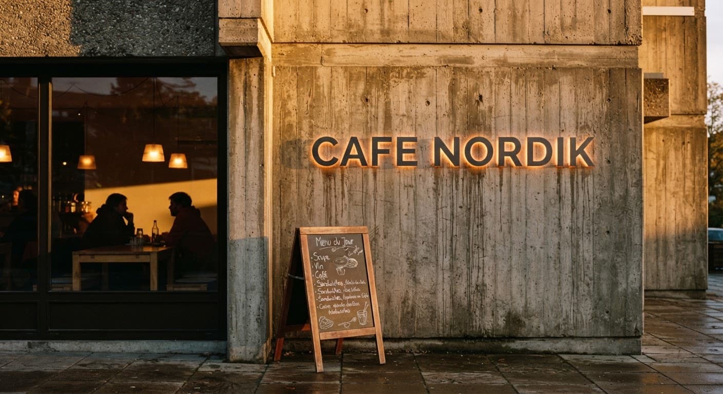 Brutalist Cafe Sign at Golden Hour