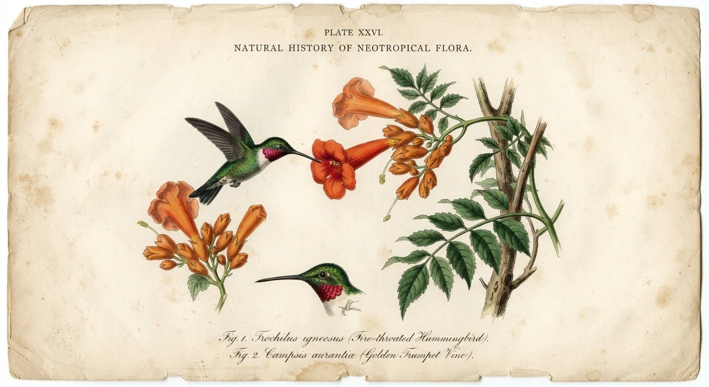 Watercolor Botanical — Hummingbird and Trumpet Vine