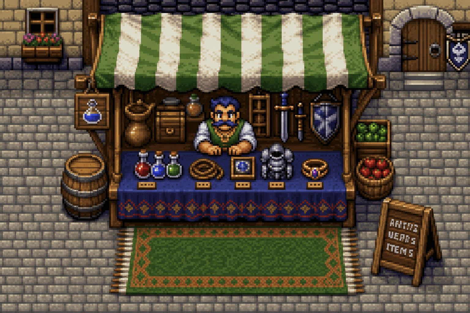 Pixel-Art RPG Shopkeeper, 32-Bit Era