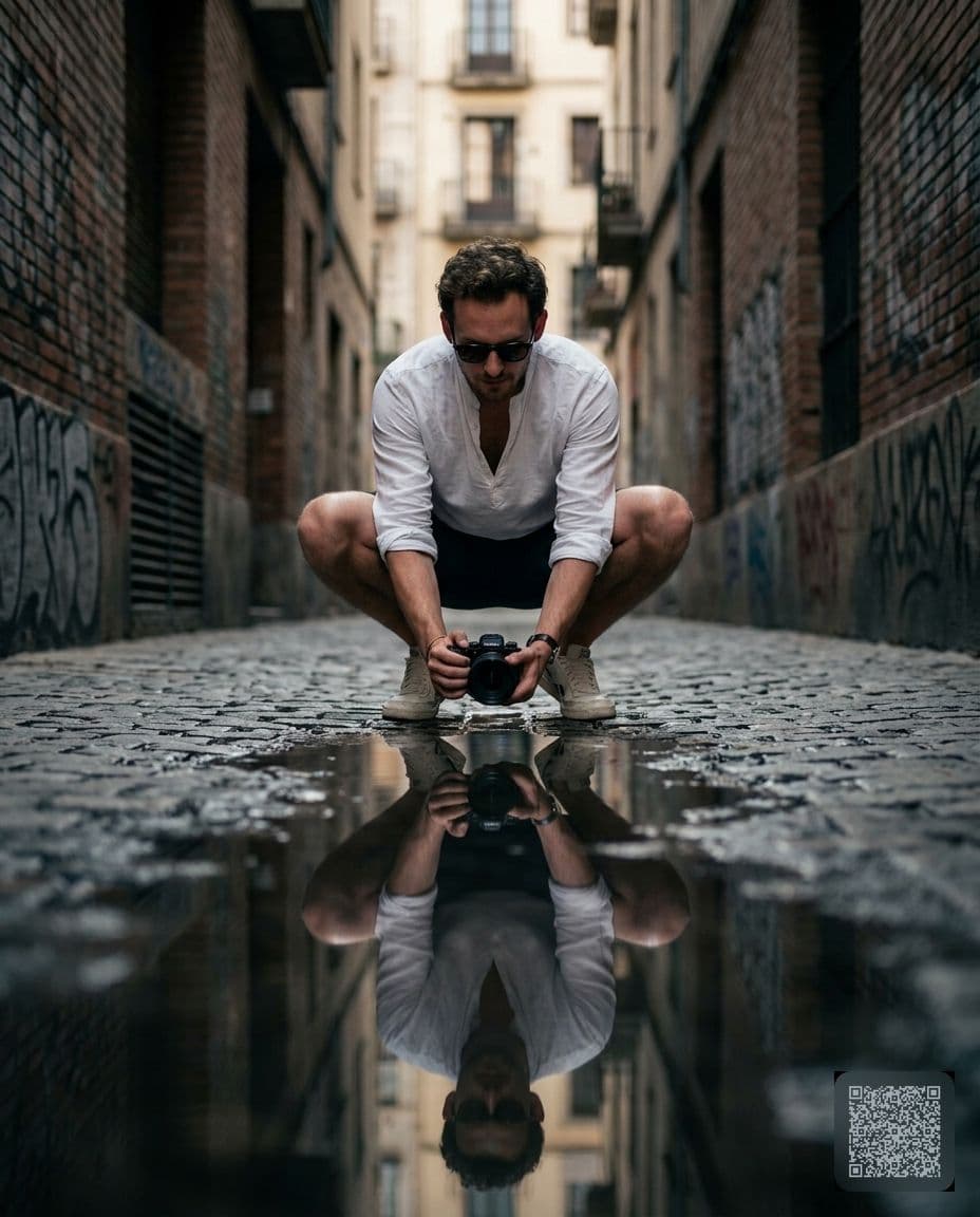 Urban Alley Puddle Reflection Portrait