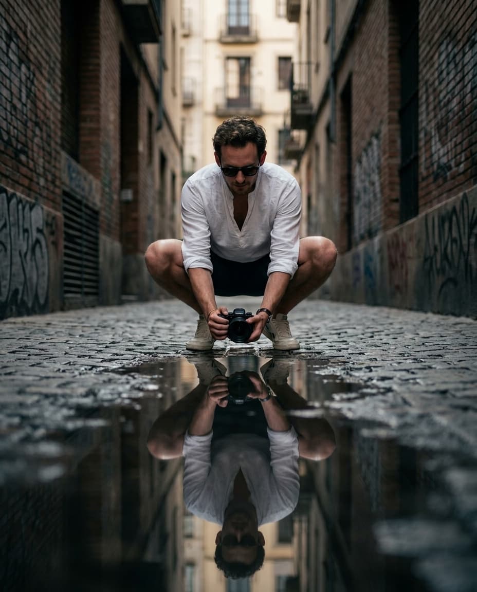 Urban Alley Puddle Reflection Portrait