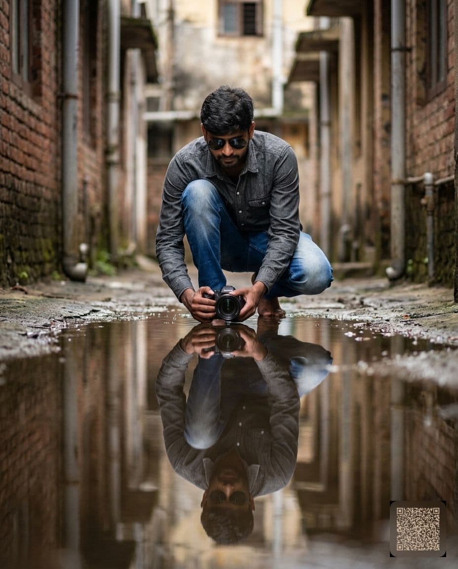 Urban Alley Puddle Reflection Portrait