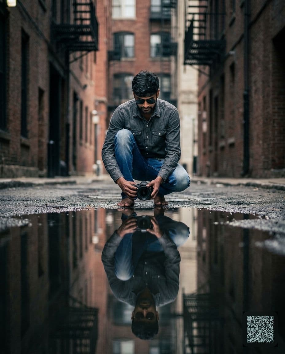 Urban Alley Puddle Reflection Portrait