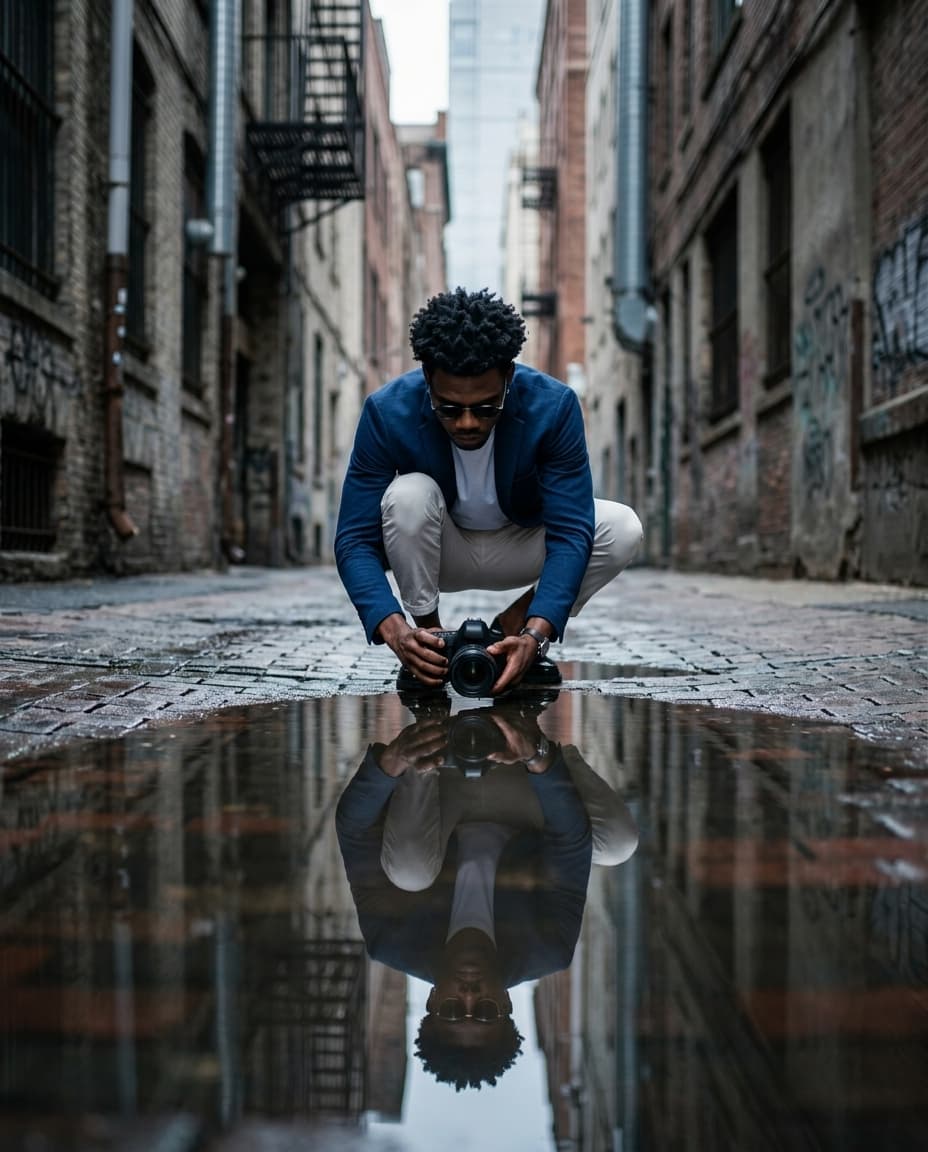 Urban Alley Puddle Reflection Portrait